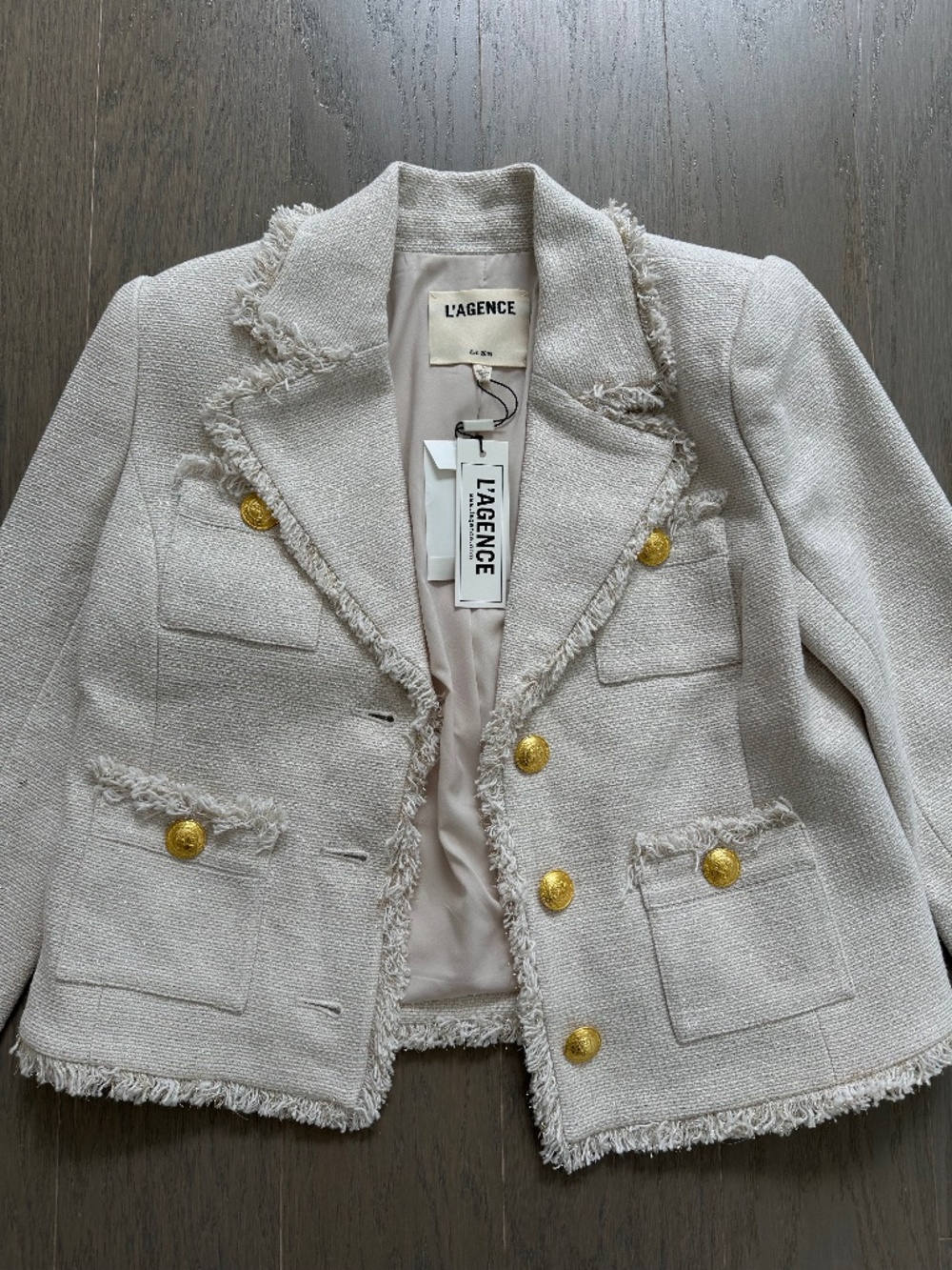 L'Agence Sylvia Collard Jacket Tweed Blazer Ivory Gold Fringe With Tags - Size 0 - Picture 4 of 9